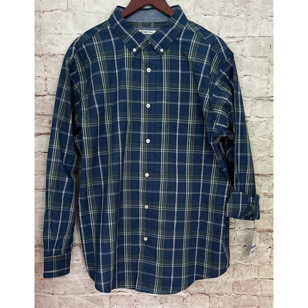 Haggar Mens Button Up Shirt Easy Care Stretch Comfort Blue Plaid Size XL NEW